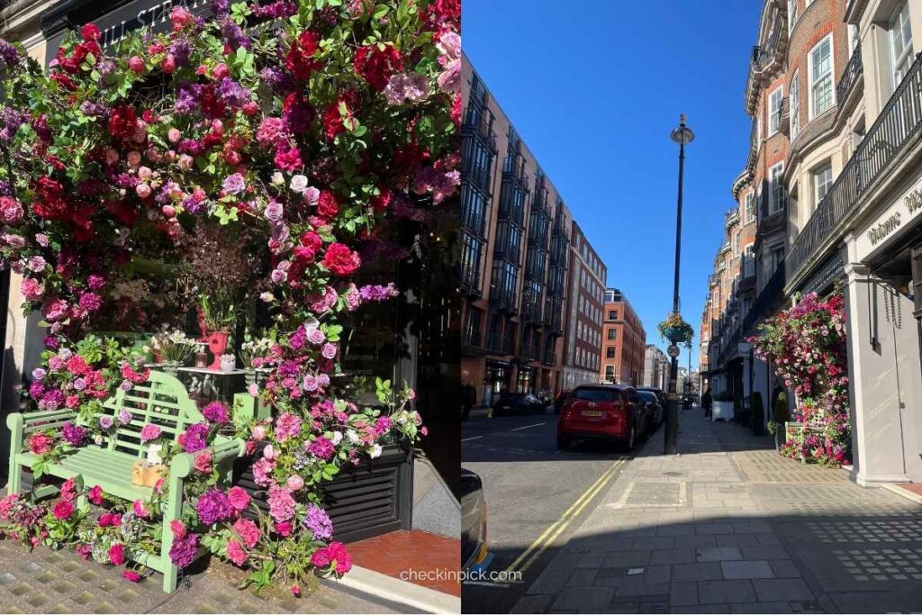 A luxury street view with beautiful flower displays in Mayfair