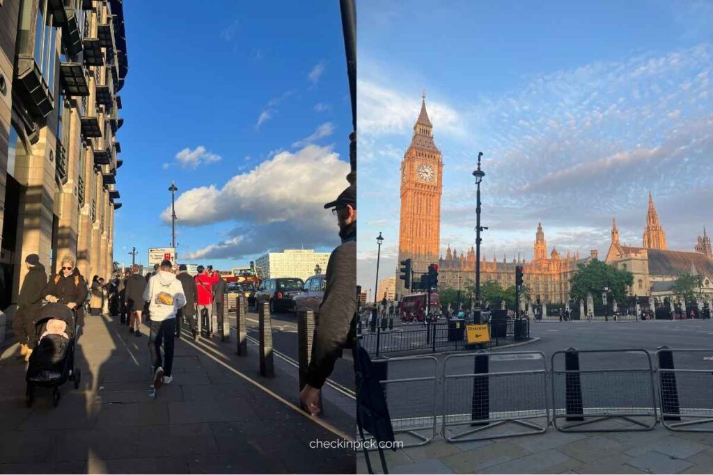 A combined image of Big Ben and a lively street in Westminster