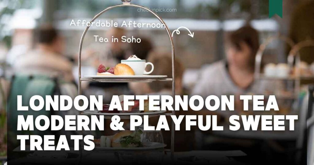 Graphic illustration of affordable best afternoon tea in London under £50 in Soho
