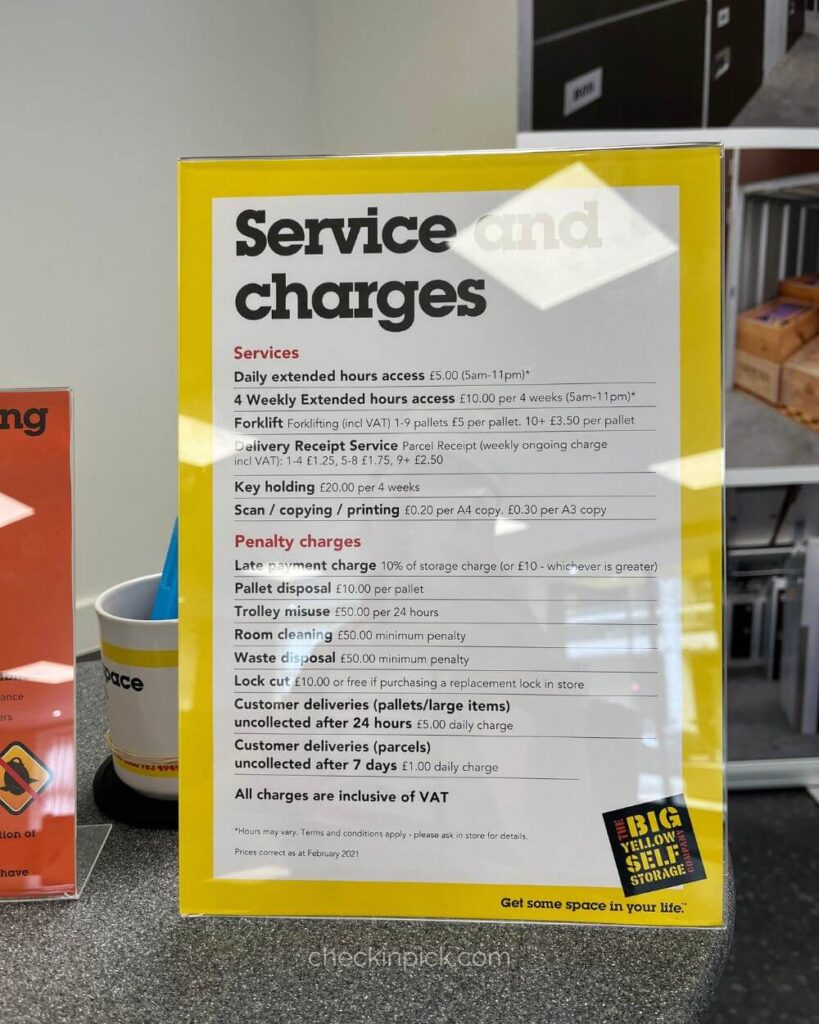 Big Yellow Self Storage service and price information board in London