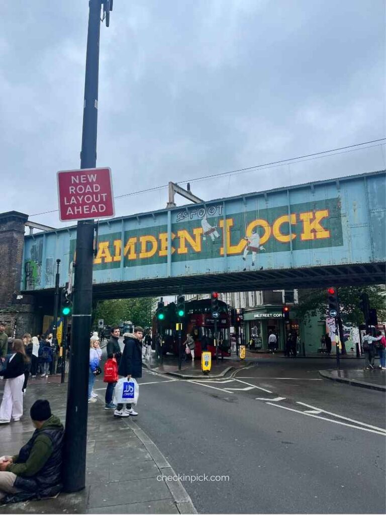 Iconic Camden Lock painted sign on the railway bridge in London