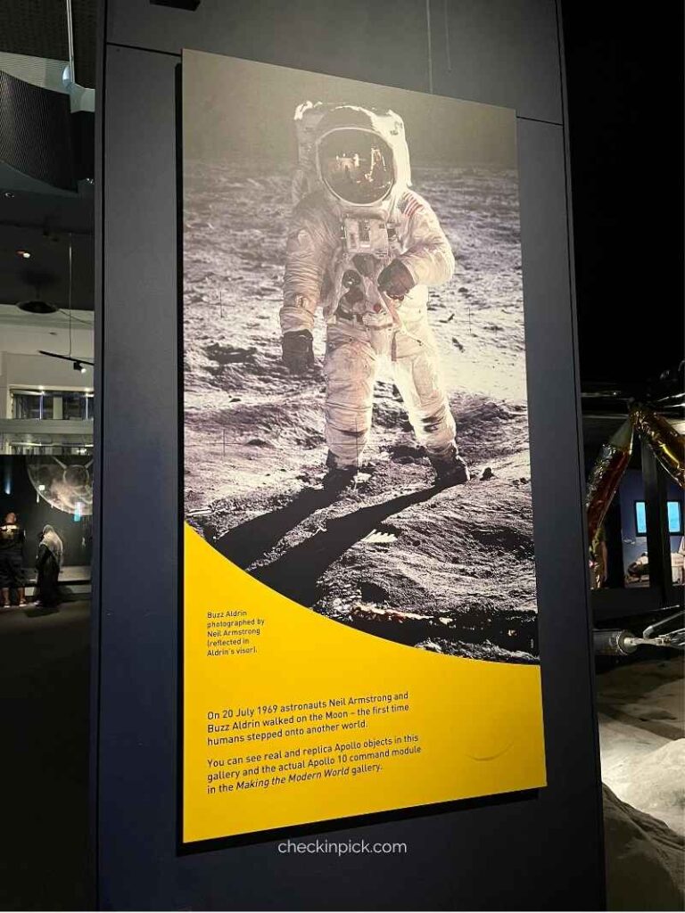Apollo Moon landing exhibit at the Science Museum in London featuring Buzz Aldrin.