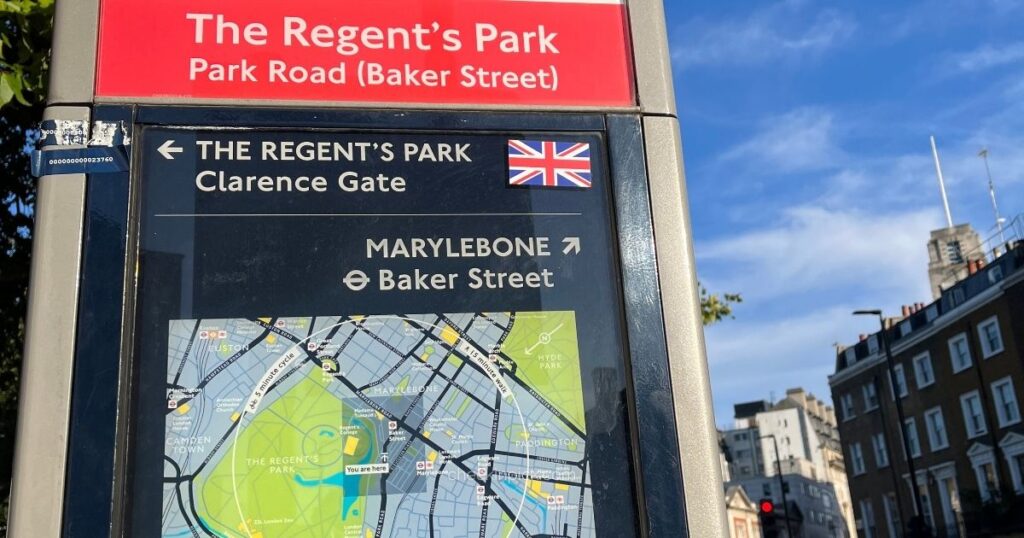London travel zones explained featuring street map sign showing The Regent's Park, Park Road, and Baker Street