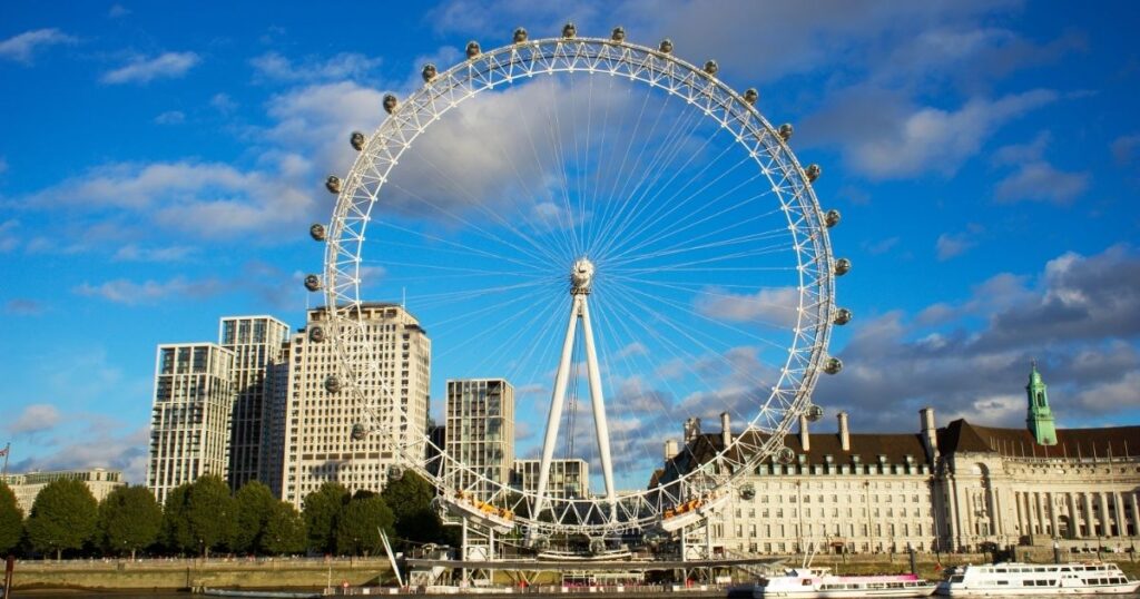 The London Eye overlooking the River Thames on a sunny afternoon.