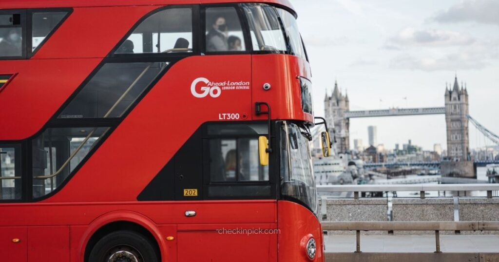 Iconic London red double decker bus in central London