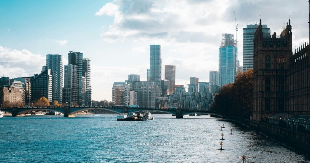 Panoramic view of London's skyline along the River Thames.