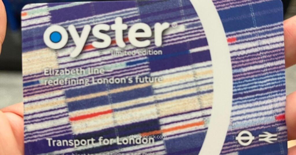 Where to buy an Oyster Card in London guide showing traveler holding blue Visitor Oyster Card
