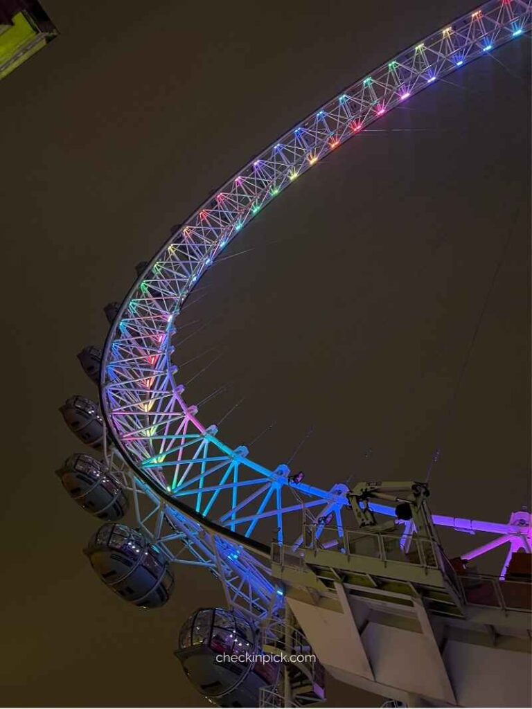 The London Eye illuminated at night in London